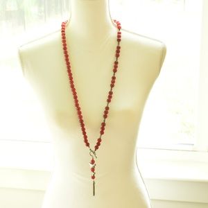 Necklace- Red Beads and Silver. Butterflies.